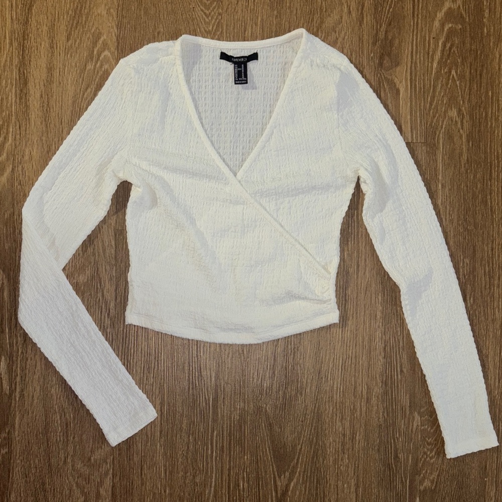 Forever 21 White Long Sleeve Wrap Top